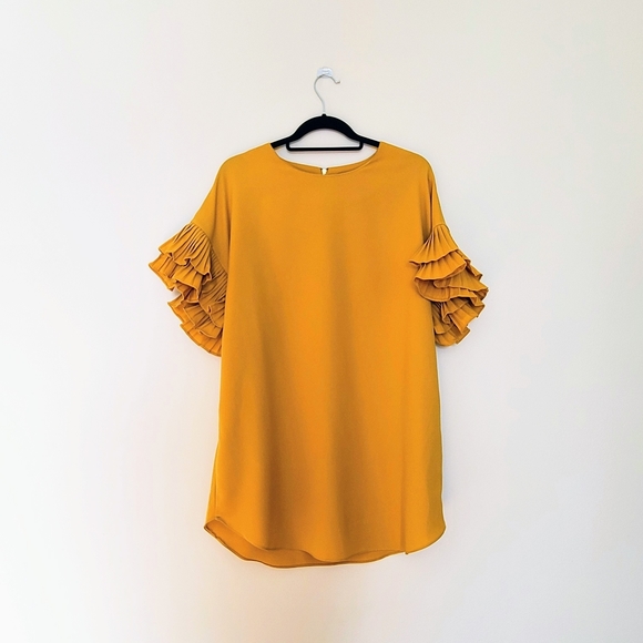 Ontwelfth | Golden Yellow Pleated Ruffle Sleeve Shift Dress - Picture 1 of 7